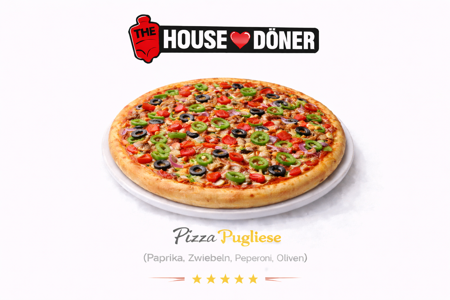 Pizza Pugliese (Paprika, Zwiebeln, Peperoni, Oliven)