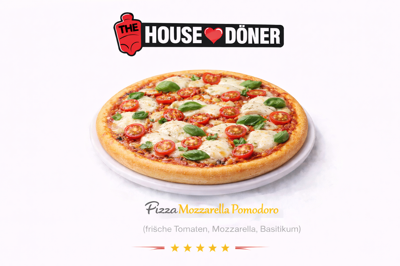 Pizza Mozzarella Pomodoro (frische Tomaten, Mozzarella, Basilikum)