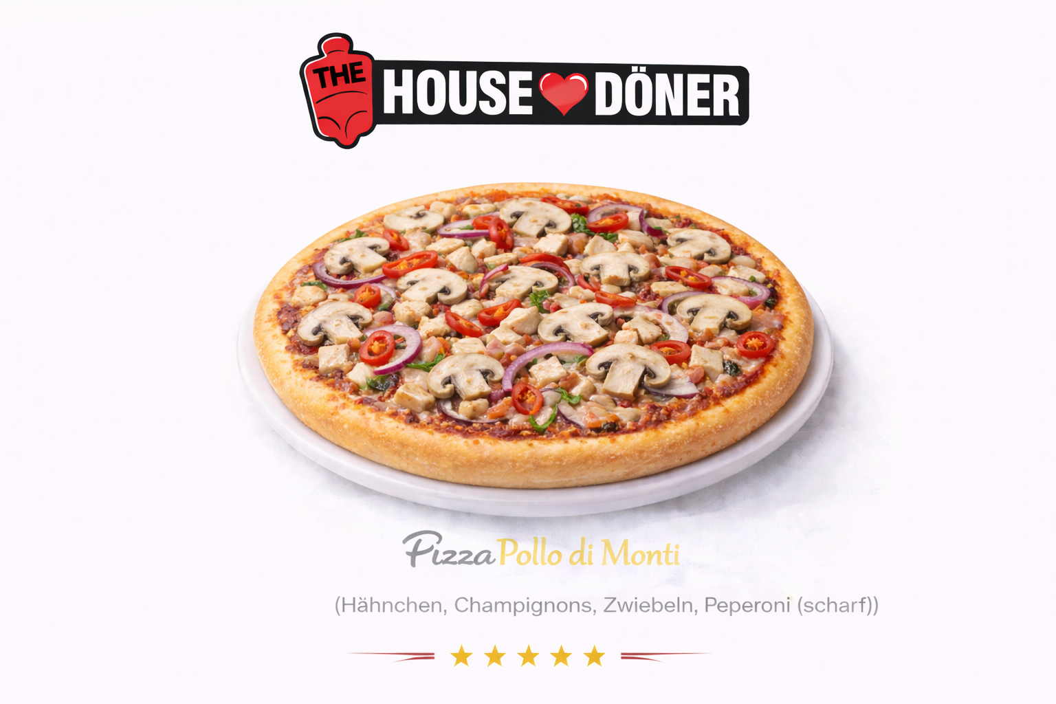 Pizza Pollo di Monti (Hähnchen, Champignons, Zwiebeln, Peperoni)